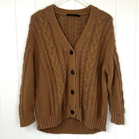 NWOT Jenni Kayne Cable Cardigan Sweater Oversized Dark Carmel Tan Brown XXS-S - Picture 3 of 9